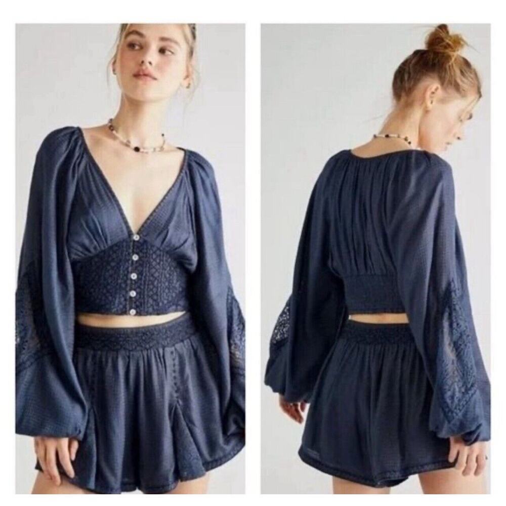 Free People Navy Blue Cropped Peasant Top